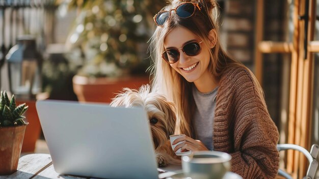 Niña sonriente con perro usando computadora portátil y bebiendo café