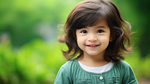 Niña sonriente posando sobre fondo verde con espacio para texto