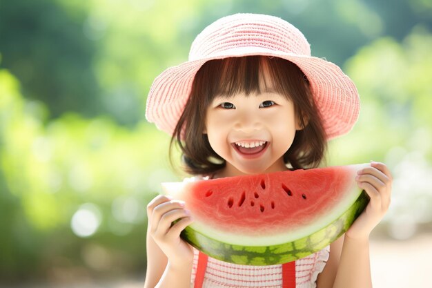 Foto niña sonriente con sandía