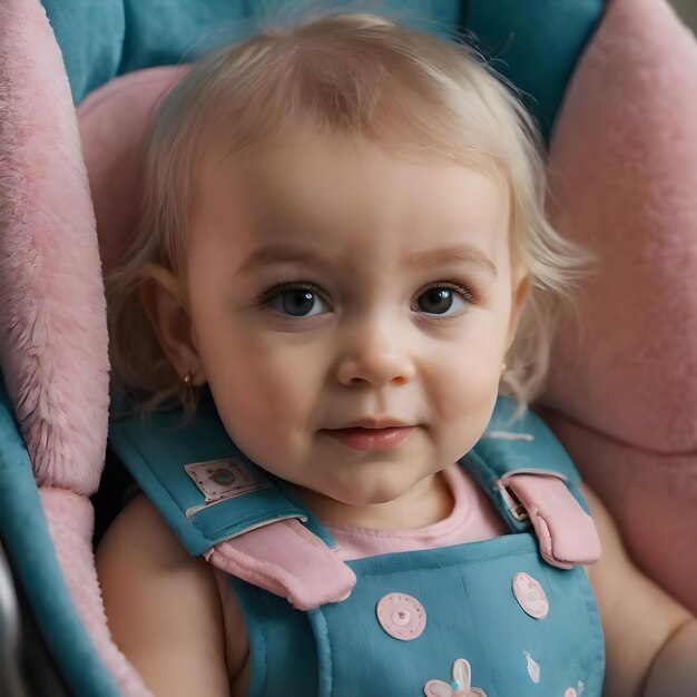 Niña sonriente sentada cómodamente en una silla de peluche rosa