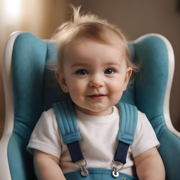 Niña sonriente sentada cómodamente en una silla de peluche rosa