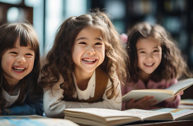 Niña sonriente sentada en un escritorio del aula