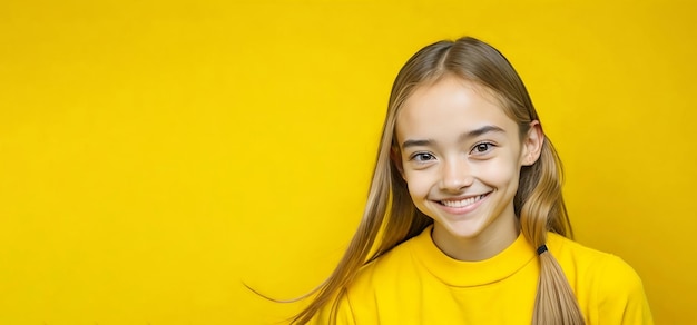 niña sonriente sobre fondo amarillo niña con camisa amarilla aislada