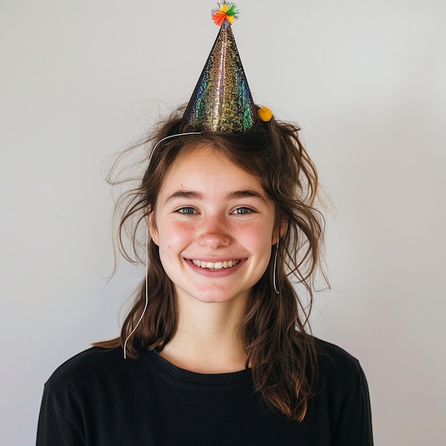 Niña sonriente con un sombrero de fiesta en un fondo blanco