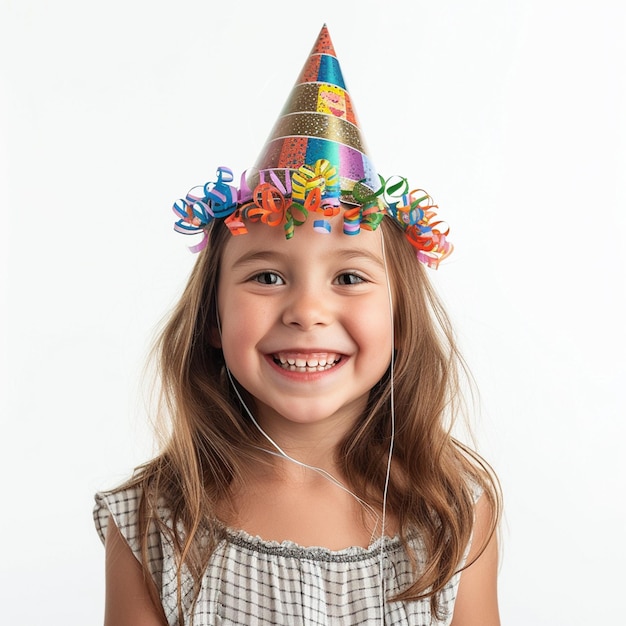 Niña sonriente con un sombrero de fiesta en un fondo blanco