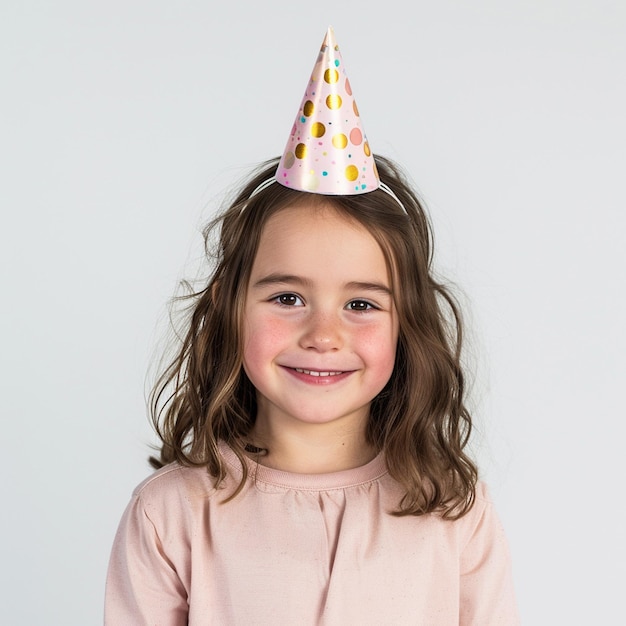 Niña sonriente con un sombrero de fiesta en un fondo blanco