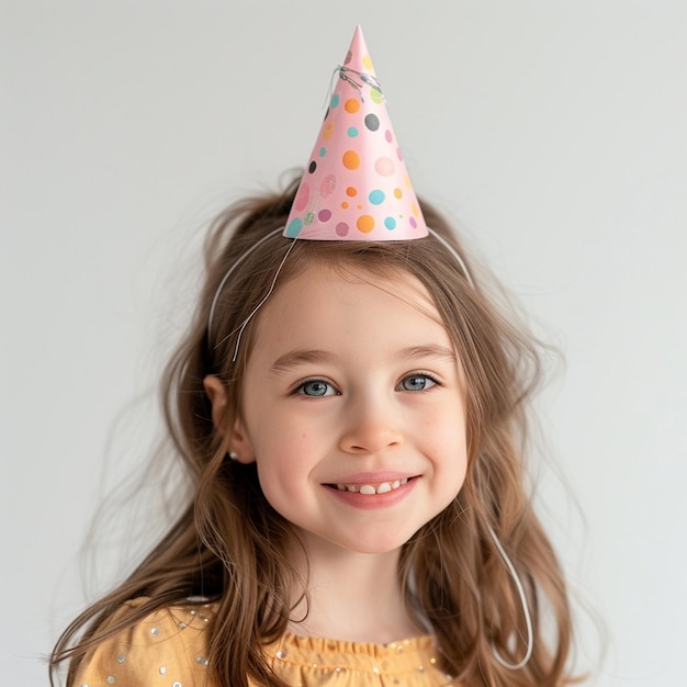 Niña sonriente con un sombrero de fiesta en un fondo blanco