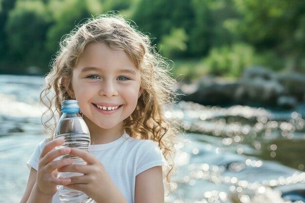 Foto niña sonriente sosteniendo una botella de agua en la mano contra el fondo de un río