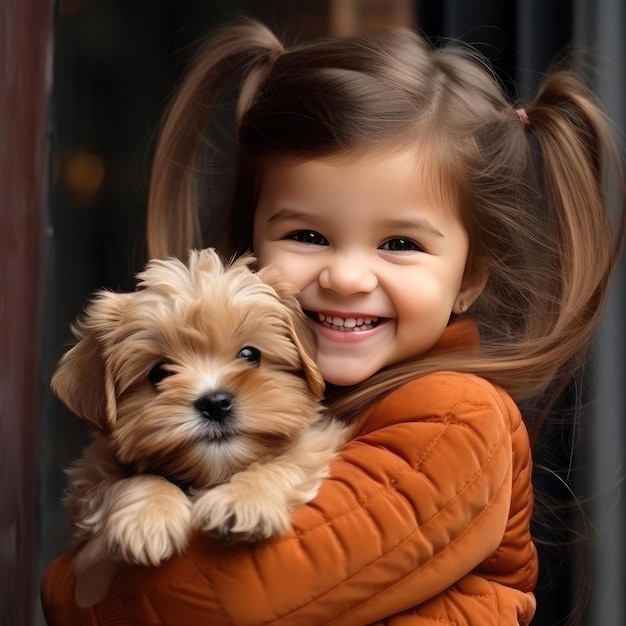 Niña sonriente sosteniendo un cachorro