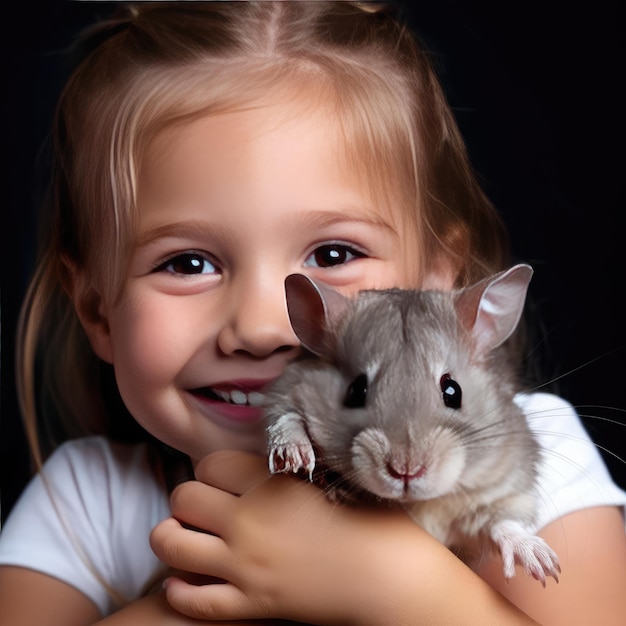 Niña sonriente sosteniendo un hámster