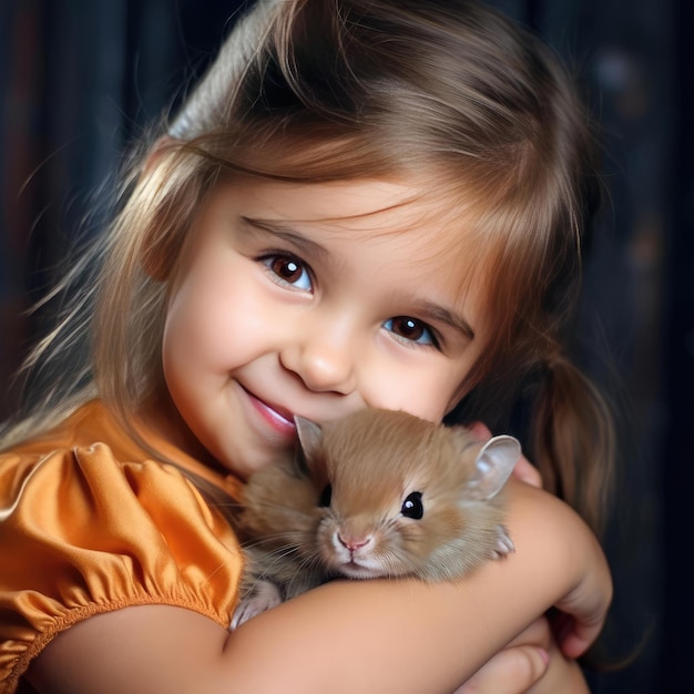 Niña sonriente sosteniendo un hámster