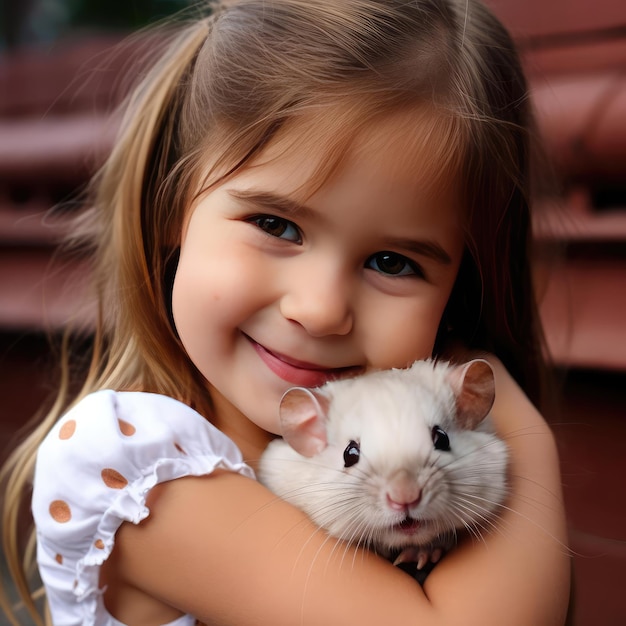 Foto niña sonriente sosteniendo un hámster