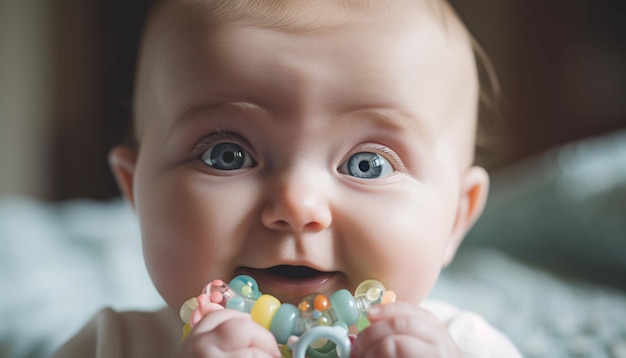 Niña sonriente sosteniendo un juguete multicolor de cerca generado por IA