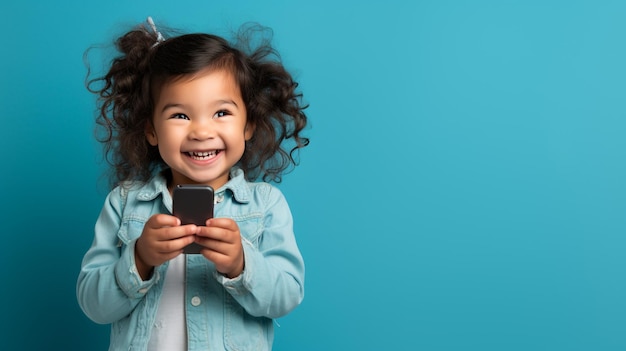 una niña sonriente sosteniendo un teléfono inteligente