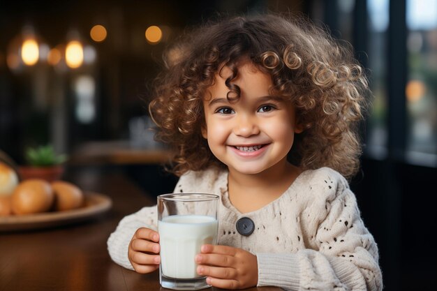 una niña sonriente sosteniendo un vaso de leche sentada en la mesa en la cocina de la casa