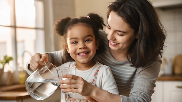 Niña sonriente sosteniendo un vaso mientras su madre vierte agua