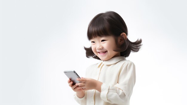 Foto niña sonriente con un teléfono celular en un fondo de color