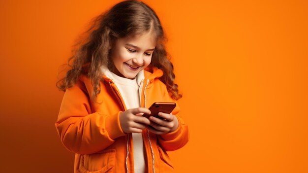 Foto niña sonriente con un teléfono celular en un fondo de color