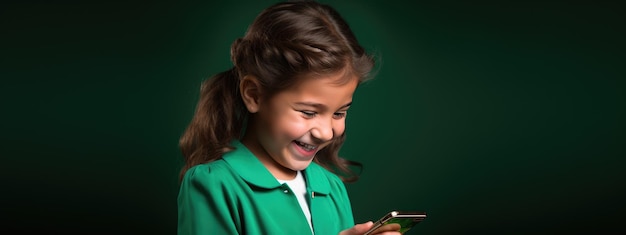 Niña sonriente con un teléfono celular sobre un fondo de color.