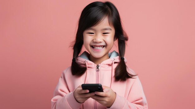 Niña sonriente con un teléfono celular sobre un fondo de color.