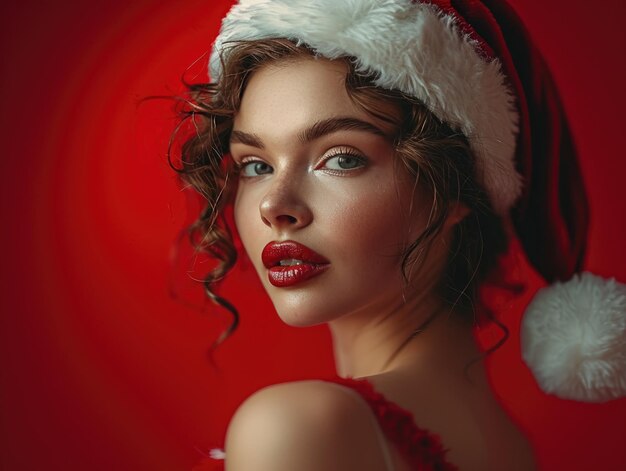 Niña sonriente vestida con el sombrero de Papá Noel para Navidad