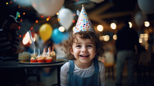 La niña sonriente en un vestido y sombrero de fiesta mostrando los pulgares hacia arriba irradiando alegría en su día especial captura la inocencia de la celebración de la infancia