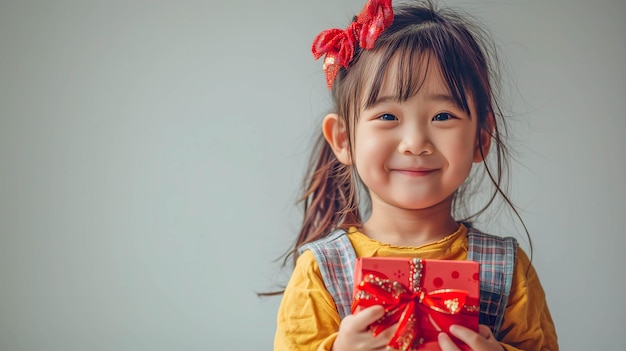 Niña con una sonrisa alegre sosteniendo una caja de regalos roja Celebración de vacaciones