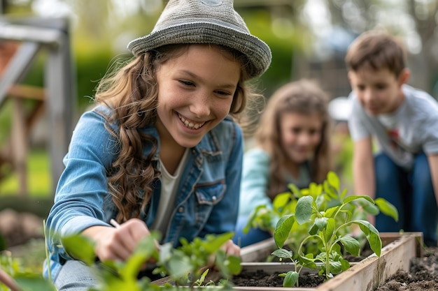 Niña con una sonrisa brillante jardinería flanqueada por amigos