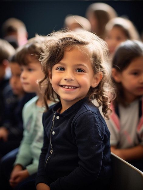 Una niña con una sonrisa que dice "feliz".