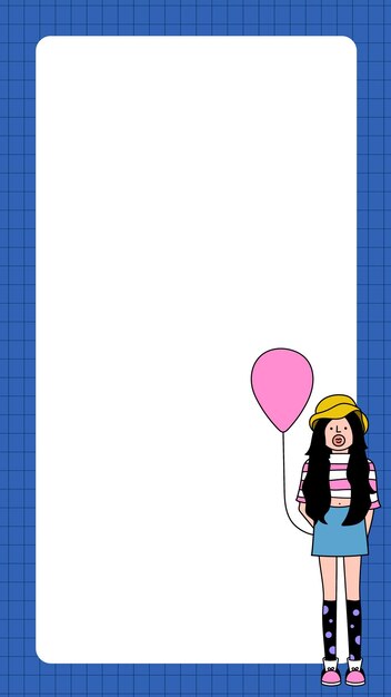 Niña soplando chicle y marco de globo rosado