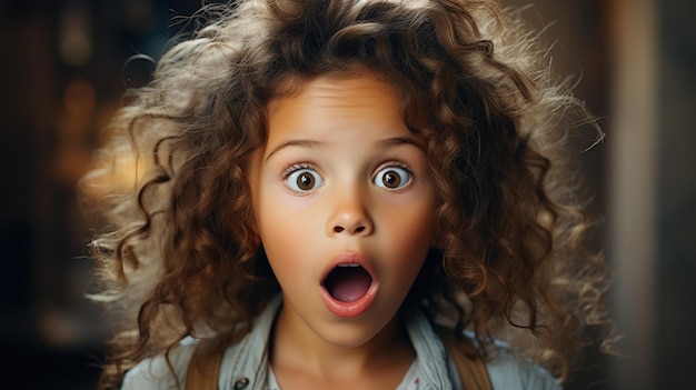 Niña sorprendida con el cabello rizado mirando a la cámara emociones faciales expresivas