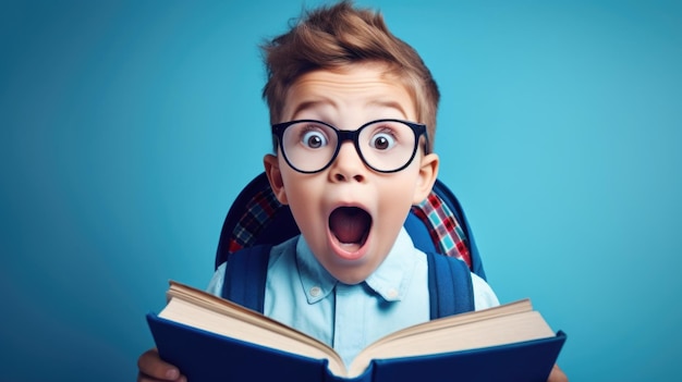 Niña sorprendida en gafas con libro de lectura de mochila sobre fondo rosa