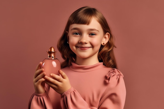 Una niña sosteniendo una botella rosa de perfume.