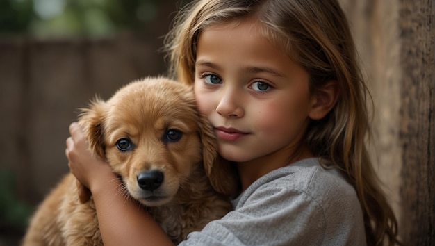 una niña sosteniendo un cachorro y un perro