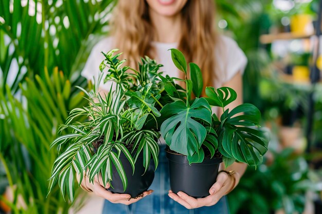 Niña sosteniendo dos ollas con plantas trabajando apretadamente.