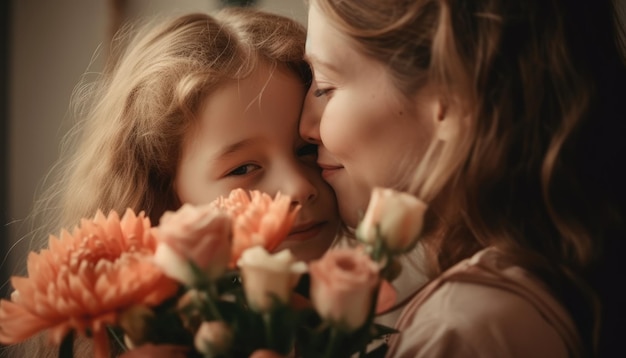 Niña sosteniendo flores abrazando a su madre y celebrando el día de la madre IA generativa