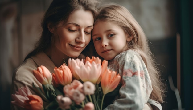 Niña sosteniendo flores abrazando a su madre y celebrando el día de la madre IA generativa