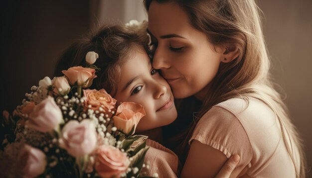 Niña sosteniendo flores abrazando a su madre y celebrando el día de la madre IA generativa