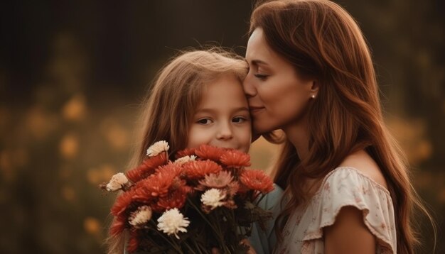 Niña sosteniendo flores abrazando a su madre y celebrando el día de la madre IA generativa