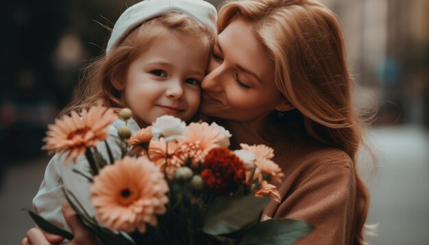 Niña sosteniendo flores abrazando a su madre y celebrando el día de la madre IA generativa