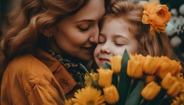 Niña sosteniendo flores abrazando a su madre y celebrando el día de la madre IA generativa