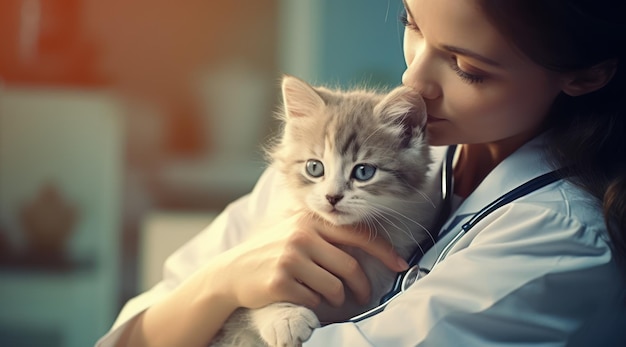 Una niña sosteniendo un gato con ojos azules.