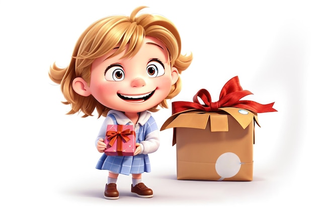 Niña sosteniendo un personaje de dibujos animados de caja de regalo sobre fondo blanco ilustración