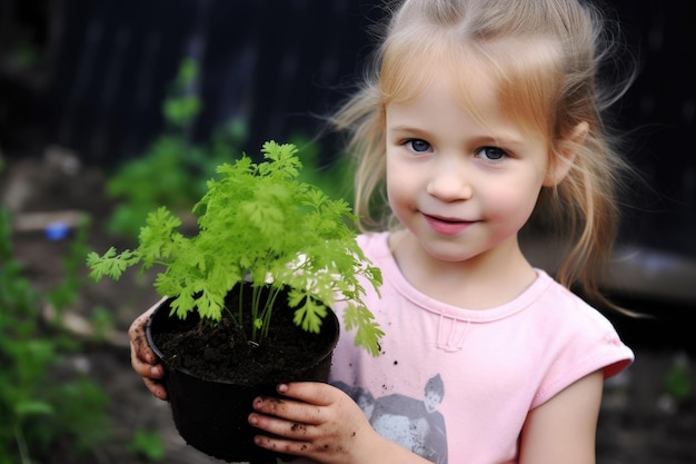 Una niña sosteniendo una planta que crece fuera del suelo creado con IA generativa