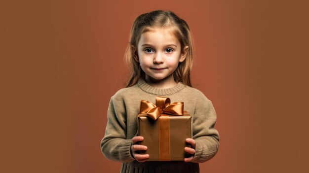 Una niña sosteniendo un regalo con un fondo marrón.