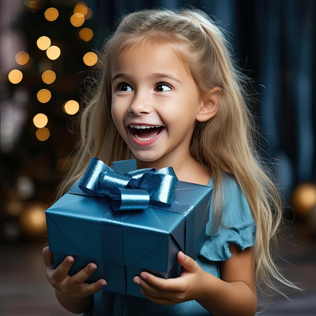 Niña sosteniendo un regalo de Navidad azul con expresiones faciales animadas