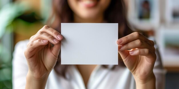 Foto niña sosteniendo una tarjeta de regalo mujer joven y hermosa mostrando espacio de copia en un letrero en blanco vacío o tarjeta de regalo aislada en fondo azul