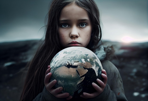 Niña sosteniendo la tierra en su mano calentamiento global medio ambiente cambio climático Generar Ai