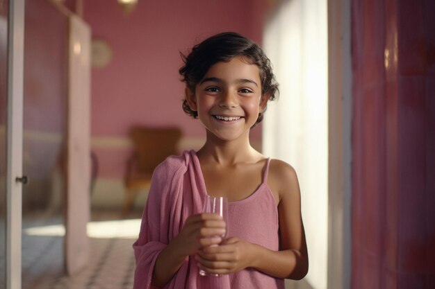 Niña sosteniendo un vaso vacío en la mano y sonriendo