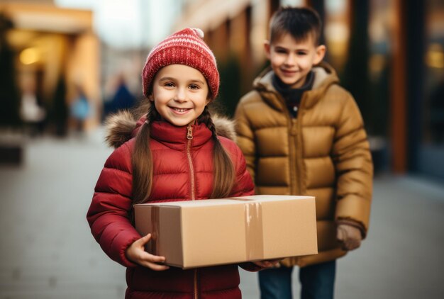 Una niña sostiene una caja contra el fondo de un niño.